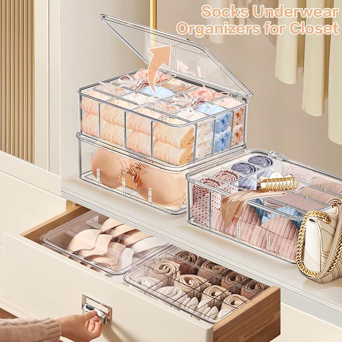 Sock Underwear Organizer, 16 Compartment Adjustable Dividers Tie Socks Underwear Drawer Organizers for Closet, Clear Plastic Storage Containers Box with Lids for Ties Scarf Socks Bras