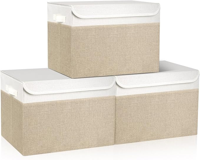 Bagnizer Large 17" 42 Quarts Collapsible Stackable Storage Bins with Lids [3-Pack] Foldable Fabric Linen Storage Boxes Cube, Closet Organizer Baskets with Label (16.7 x 12 x 12, Beige & White)