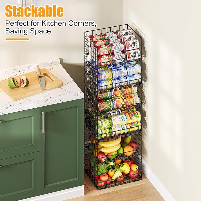 JKsmart 6-Tier XXL Stackable Wire Basket, Snack Organizer for Countertop | Pantry Organizers and Storage with Dividers & Handles, Can Organizer Space Saving Storage Bins for Snacks Fruits Veggies