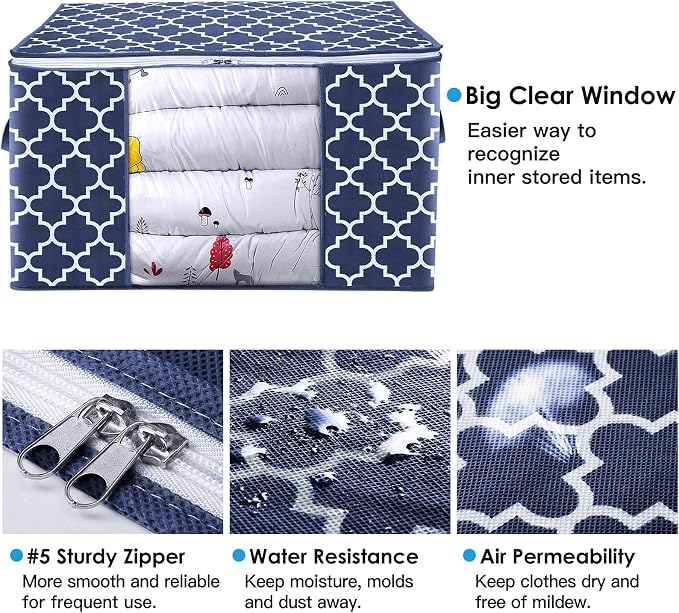 WISELIFE Storage Bags, Large Blanket Clothes Organization and Storage Containers for Bedding, Comforters, Foldable Organizer with Reinforced Handle, Clear Window,Sturdy Zippers,(Blue, 8 x 100L)