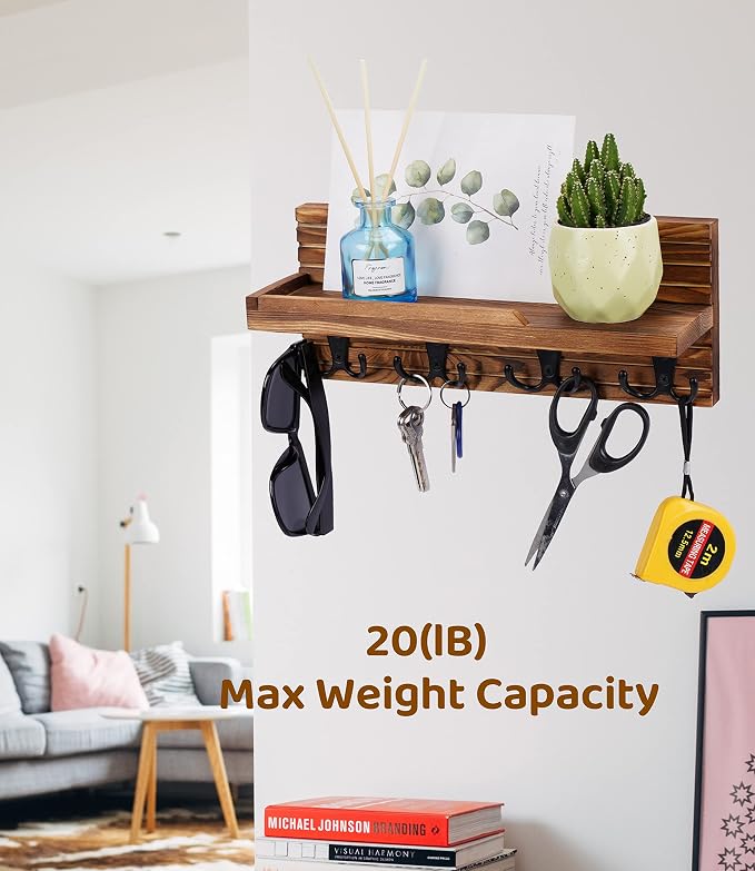 Decorative Key Hanging Rack with 4 Double Hooks – Easy Install Natural Wooden Key and Mail Holder for Wall Mount – Entryway Decor Rack with Shelf (Brown)
