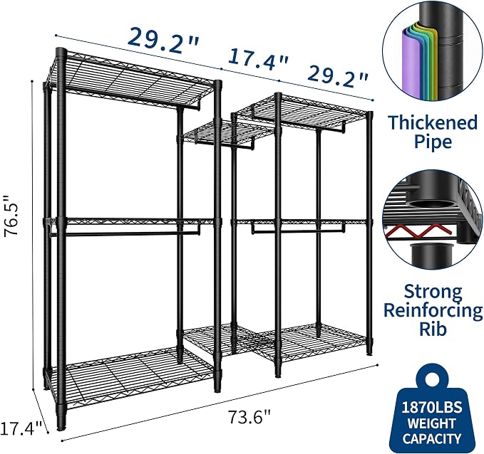 Clothes Rack for Hanging Clothes, Freestanding Garment Rack Adjustable Heavy Duty 1874LBS Capacity with 5 Hanging Rods and 8 Wire Shelves, Portable Closet Wardrobe Organizer, 76.5"H x 73.6"L x 17.4"W