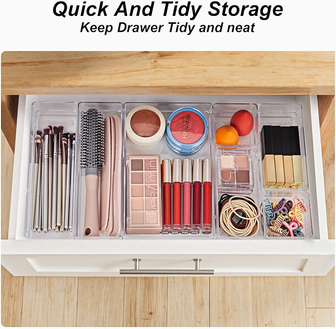 SMARTAKE 25 PCS Drawer Organizer, 4-Size Desk Drawer Organizer Trays | Storage Tray with Non-Slip Silicone Pads for Makeup, Jewelries, Utensils in Bedroom Dresser, Office and Kitchen (Clear)