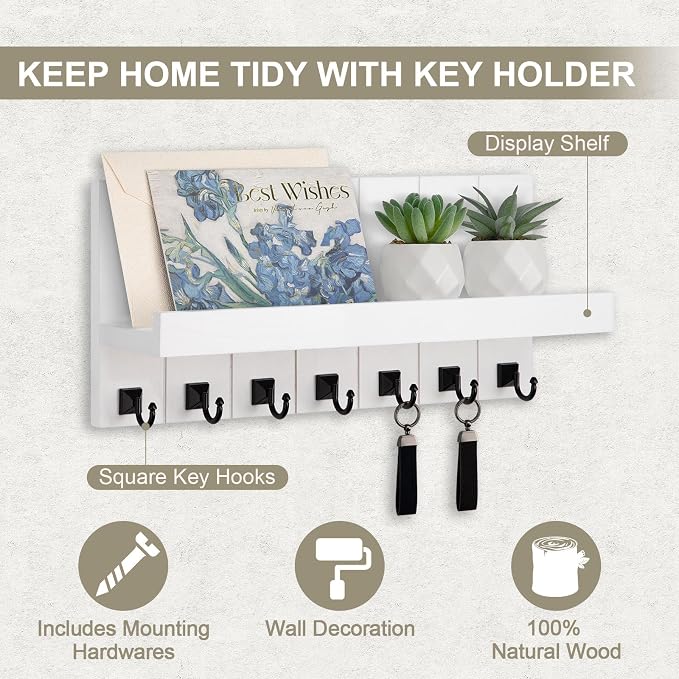 Key Holder for Wall, Decorative Key Holder with Shelf, Key and Mail Holder Wall Mount, Farmhouse Decor with 7 Key Hooks for Keys, Coats, ect.