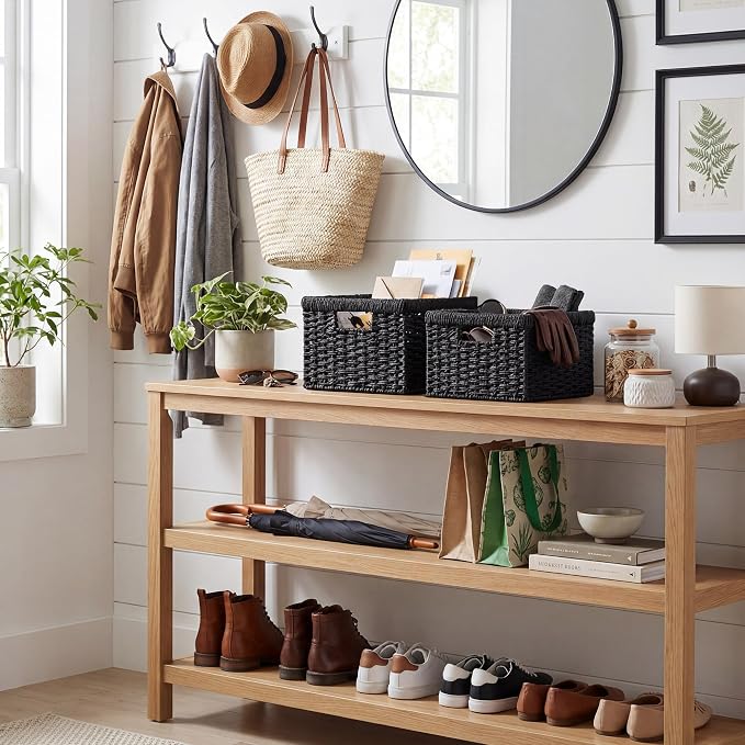 StorageWorks Wicker Basket with Handle, Wicker Storage Baskets for Organizing, Decorative Storage Baskets for Shelves, Paper Rope, Black, 2-Pack