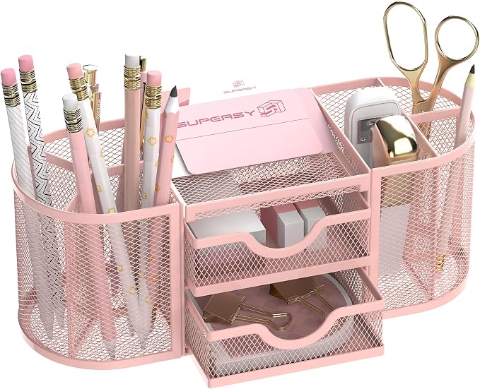 Mesh Desk Organizer, Desk Organizers and Accessories, Pen Holder with Drawers, Pencil Holder for Desk with 2 Drawer for Office Supplies, Pink