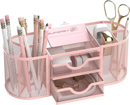 Mesh Desk Organizer, Desk Organizers and Accessories, Pen Holder with Drawers, Pencil Holder for Desk with 2 Drawer for Office Supplies, Pink
