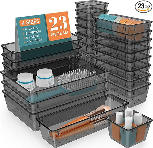 StorMiracle 23 PCS Clear Plastic Drawer Organizers Set, 4 Size Desk Drawer Organizer Trays for Makeup, Jewelry, Kitchen Utensils, Gadgets and Office Accessories, Black