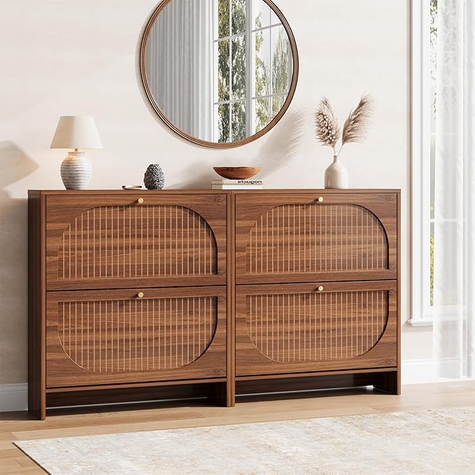 Nicetree Arch-Chic Shoe Cabinet for Entryway, Modern Mid-Century Shoe Storage Cabinet with Fluted, Narrow Shoe Rack with Adjustable Shelves & Tipping Protection, Fits Size 12 Shoes,Luminous Walnut