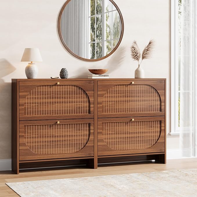Nicetree Arch-Chic Shoe Cabinet for Entryway, Modern Mid-Century Shoe Storage Cabinet with Fluted, Narrow Shoe Rack with Adjustable Shelves & Tipping Protection, Fits Size 12 Shoes,Luminous Walnut