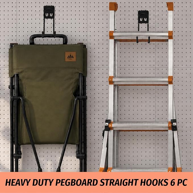 HUHOLE 6 Pack Large Double Arm Pegboard Hooks for 1/4 Inch Pegboard | Tool Holders with 66 lb Capacity for Leaf Blower, Weed Eater, Pipes, Hoses, Ladders, Garage and Workshop