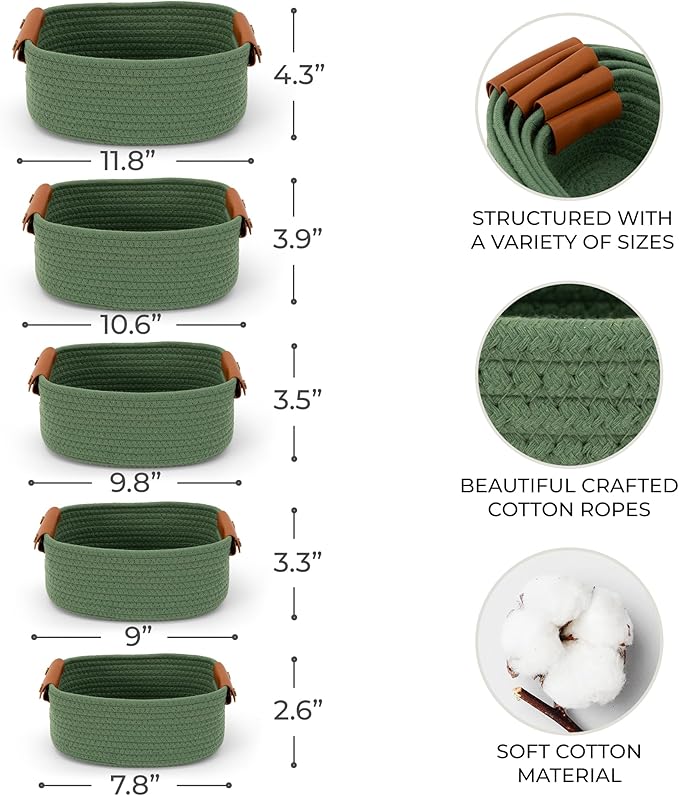 Beautiful Storage Basket Set of 5 - Sturdy Cotton Rope Baskets for Shelves Are Perfect for Organizing Your Home - Quality Storage Bins Easily Fit With Any Nursery or Bedroom Decor