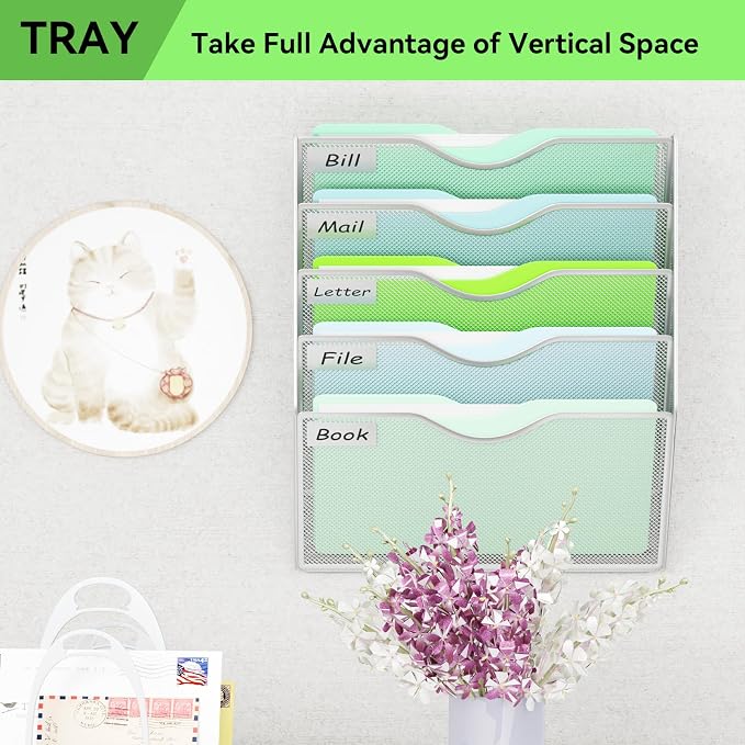 5 Pockets Hanging Wall File Organizer Mail Holder, Wall Mounted Paper Document Folder Holder, Clipboard Storage Organization Magazine Rack, Silver