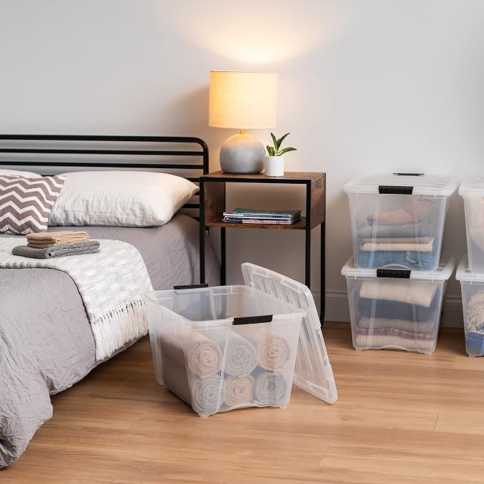 IRIS USA 4-Pack 54 Quart Storage Bins with Lids, Clear | Transparent design makes contents easy to find. Perfect for moving, blankets, clothing, and garage storage. Nestable design