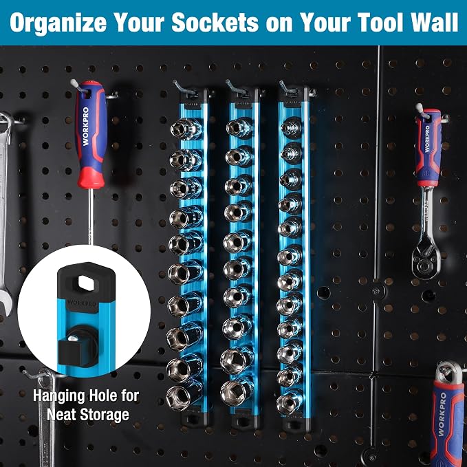 WORKPRO Magnetic Socket Organizer, Heavy Duty 1/4-Inch Drive Socket Rail | 1 Piece Socket Holder with 12 Spots, Aluminum Alloy, Rotatable & Movable Clips, Efficient Organization