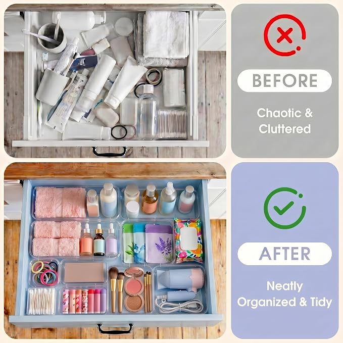 14 Pcs Expandable Clear Drawer Organizer|3-Size Extendable Drawer Dividers | Adjustable Plastic Storage Boxes, Arcrylic Storage Bins for Makeup Vanity Drawer Dresser DIY Desk Office Kitchen Utensils