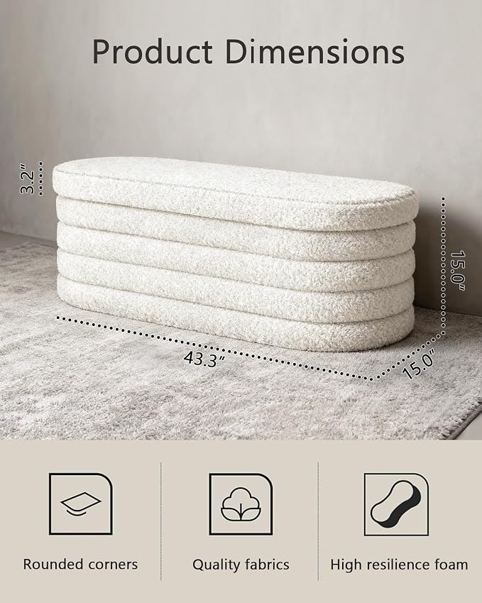 GLAXYFUR Storage Ottoman Bench, 43" Entryway Shoe Seat, Sherpa White | Upholstered Oval Ottoman with Storage, End of Bed Stool Blanket Chest, For Living Room, Hallway