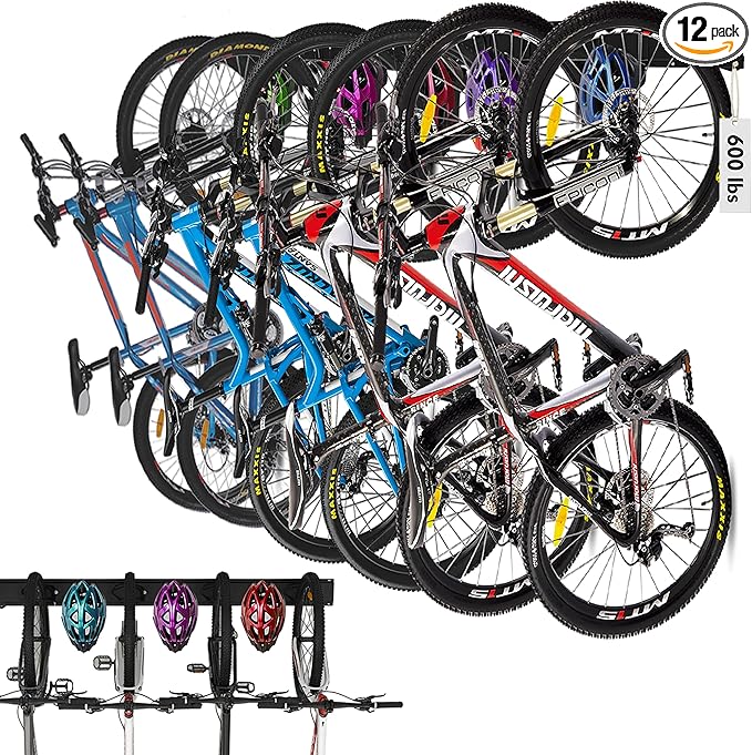 HORUSDY Stainless Steel Bike Storage Rack, 6 Bike Storage Hanger Wall Mount and 6 Helmets Hooks for Home & Garage Holds Up to 600lbs, Black