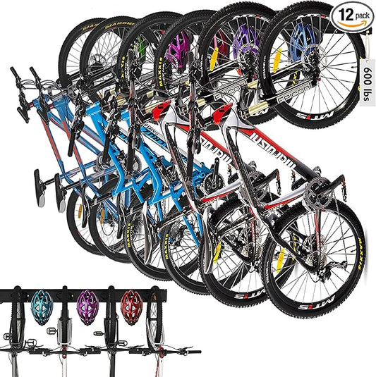 HORUSDY Stainless Steel Bike Storage Rack, 6 Bike Storage Hanger Wall Mount and 6 Helmets Hooks for Home & Garage Holds Up to 600lbs, Black