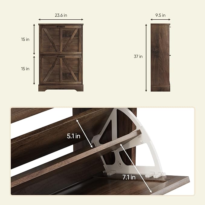 Semiocthome Farmhouse Shoe Storage Cabinet with 2 Flip Drawers, 23.6"(W) Freestanding Shoe Organizer with Barn Door and Metal Handles for Entryway, Corner Rustic Narrow Shoe Rack Cabinet - Walnut
