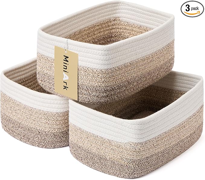 MiniArk Small Storage Baskets for Organizing | Closet Organizer Bins | Shelf Toy Basket | Woven Rope Baskets | Cube Decorative Box | Shallow Basket |11.5x7.5x4.7”| 3 Packs Gradient Brown
