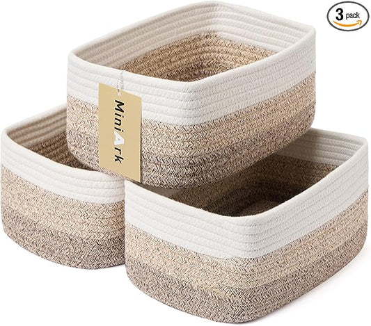 MiniArk Small Storage Baskets for Organizing | Closet Organizer Bins | Shelf Toy Basket | Woven Rope Baskets | Cube Decorative Box | Shallow Basket |11.5x7.5x4.7”| 3 Packs Gradient Brown
