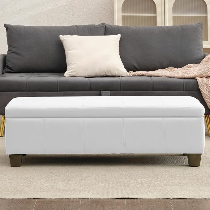 51 Inch Storage Ottoman, Storage Bench with Safety Hinge, Upholstered Synthetic Leather Ottoman Bench for Bedroom, Living Room, Entryway, Hallway, Foot Rest, Support 500lbs