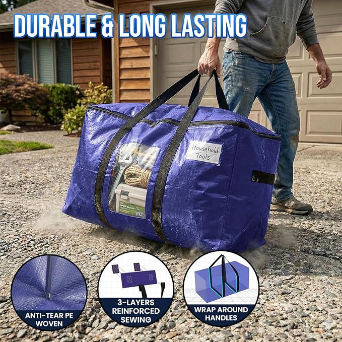 TAILI 8 Pack Dark Blue Extra Large Moving Bags, Heavy Duty Totes with Visible Window, Wrap Around Handles, Great for Storage