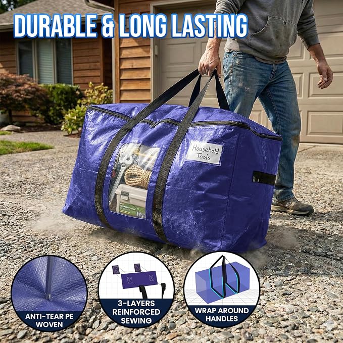 TAILI 10 Pack Dark Blue Extra Large Moving Bags, Heavy Duty Totes with Visible Window, Wrap Around Handles, Great for Space-Saving