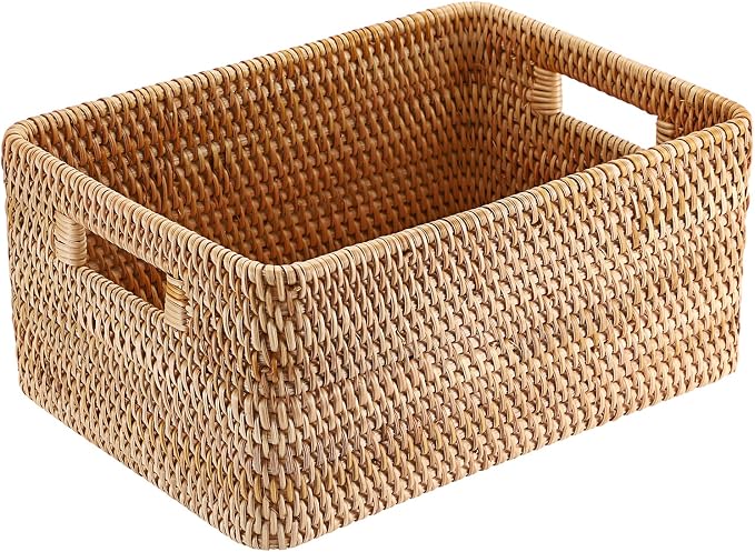 Hipiwe Rattan Wicker Basket for Shelf Organizer Natural Basket with Handles | Handwoven Open Storage Bin Rectangular Closet Organizer Bin Multipurpose Storage Box, 13.8" x 9.8" x 6.3"
