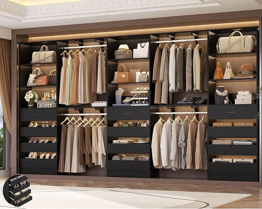 Aheaplus Closet System Set of 3, 138.5" Wood Closet Organizer System Tower with 12 Drawers & 4 Hanging Rods, 6.7+4.85Ft L Shaped Walk-in Closets Wardrobe Organizer Garment Rack with Shelf, Black3