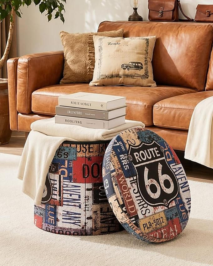 B FSOBEIIALEO Folding Storage Ottoman Round, Faux Leather Foot Rest Seat, Storage Organizer Chest 15" (Route 66 Barrel)
