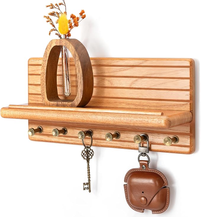 Rebee Vision Cedar Wood Key Holder Wall Mount for Room Decor, Natural | Key Holder for Wall, 6 Key Hooks, Floating Shelf, Plant Display, Mail Organizer, Farmhouse Home Decor Solution
