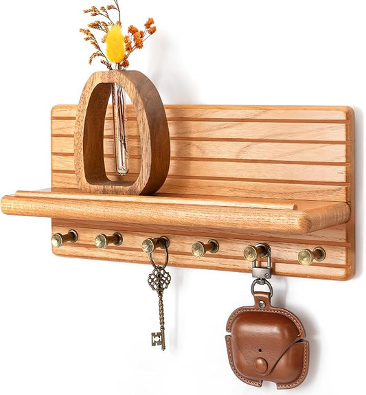 Rebee Vision Cedar Wood Key Holder Wall Mount for Room Decor, Natural | Key Holder for Wall, 6 Key Hooks, Floating Shelf, Plant Display, Mail Organizer, Farmhouse Home Decor Solution