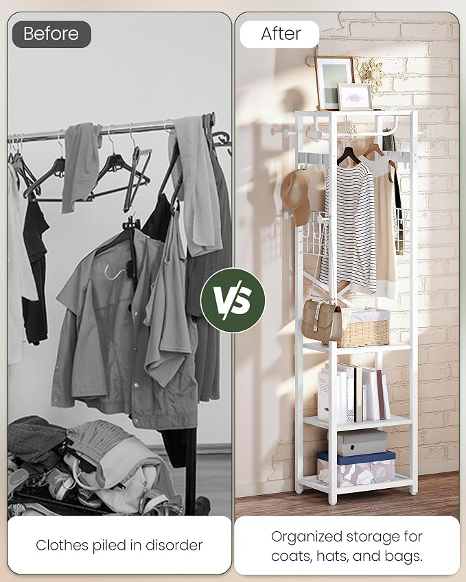 CHOEZON Coat Rack with Shelves, Freestanding Hall Tree, Coat Tree with 16 Hooks and Hanging Rail, Industrial Clothes Stand for Entryway, Hallway, Bedroom, White TYM18WB