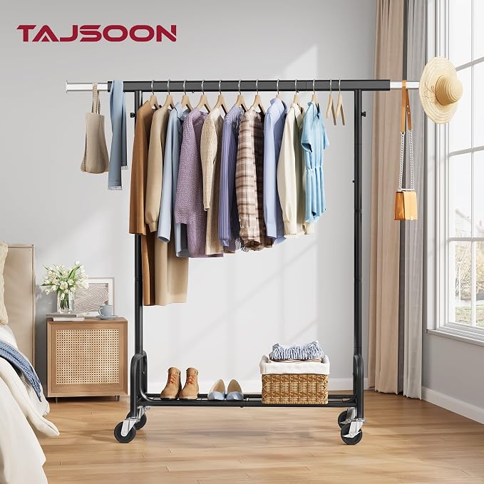 Clothes Rack with Shelf, Adjustable Heavy Duty Load 300 LBS, Black | Rolling Clothing Rack with Extendable Rod, Commercial Portable Garment Rack with Wheels for Bedroom, Laundry Room