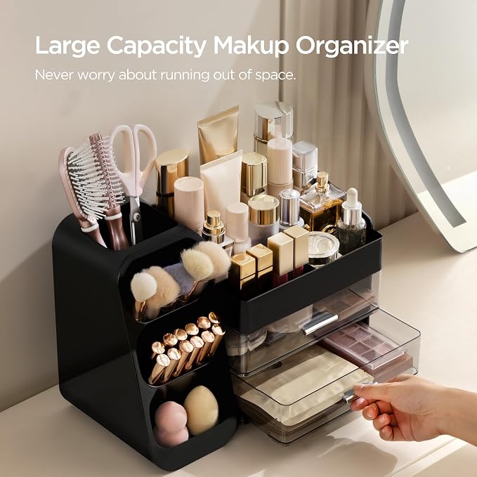 HBlife Cologne Organizer for Men Makeup Organizer with Brush Holder for Vanity, Large Plastic Bathroom Countertop Organizer Skin Care Storage, Fathers Day Gift for Dad Husband, Black