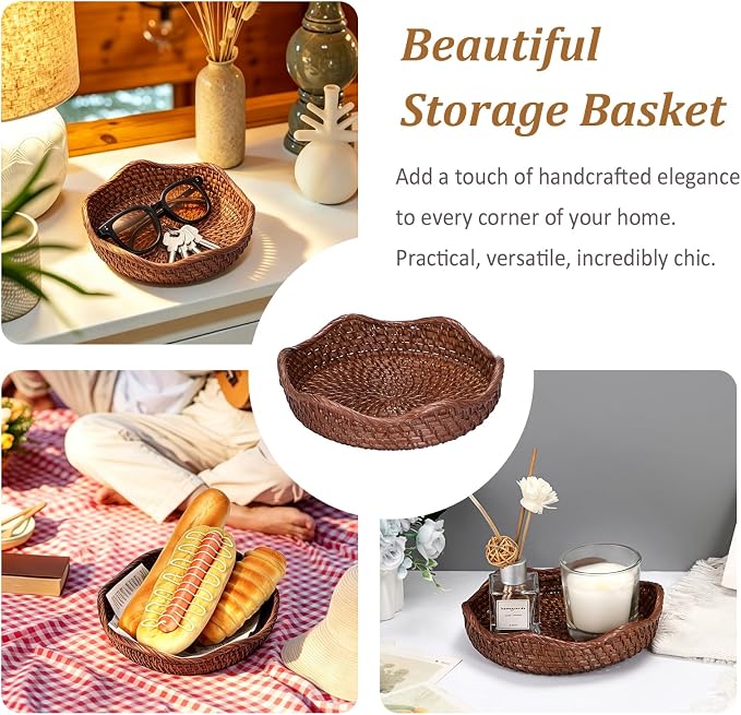 Hipiwe Round Key Bowl Tray Basket For Entryway Table Small Rattan Basket | Decorative Fruite Basket Serving Trays Wicker Storage Basket for Kitchen Coffee Table Livingroom, Brown