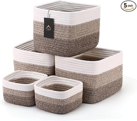 5-Pack Storage Cubes Woven Rope Baskets, 2 Sizes Organizer Bins | Ideal for Closet, Shelf, Bookshelf, Nursery, Changing Table, Cube Storage Bins, Storage Baskets for Bathroom Toy & Home