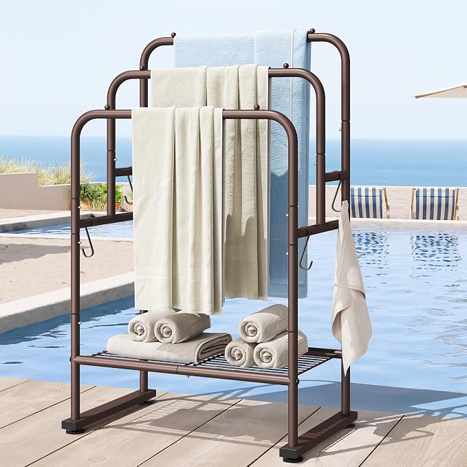 ELYKEN 40" H Freestanding Towel Rack with Shelf, 3 Tier Towel Stand, Bronze | Metal Drying Rack for Oversized Bath Towels & Blankets, 4 Hooks, Indoor & Outdoor Use, Fits Bathroom, Tub, Shower, Poolside