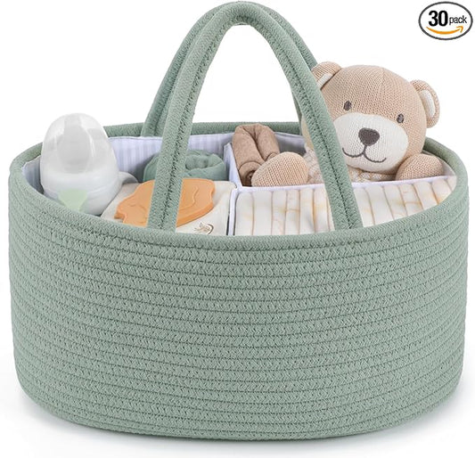 Maliton Diaper Caddy Organizer for Baby, Portable Diaper Storage Organizer for Changing Table and Car, Cotton Rope Nursery Storage Bin Basket for Baby Shower, Newborn Essentials Must Haves - Green