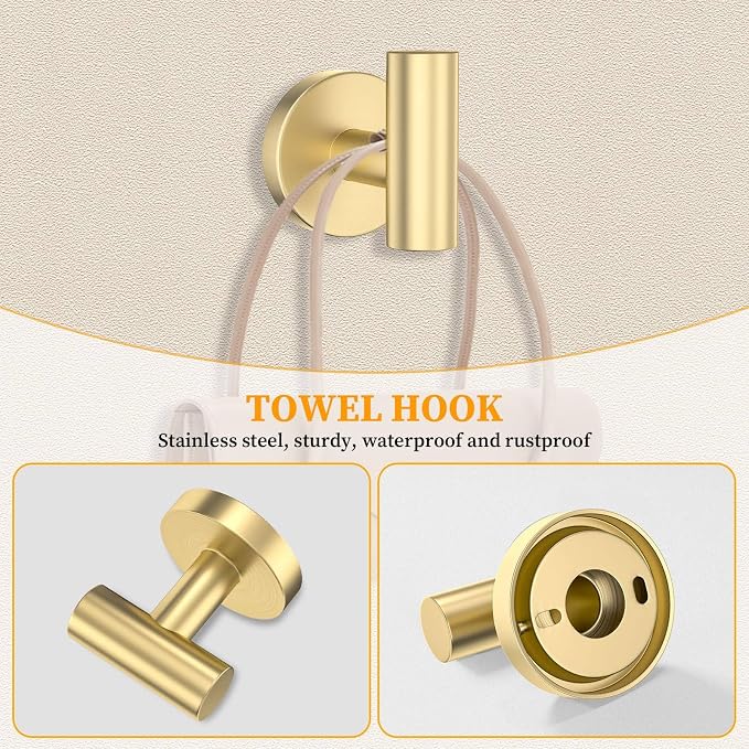 Brushed Gold Towel Bar Set 5 Pieces Round Bathroom Hardware Set Includes 23.6in Towel Bar Towel Ring Toilet Paper Holder Towel Hooks Stainless Steel Wall-Mounted Bathroom Towel Holder Set