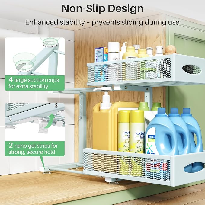 2 Pack Under Sink Organizer, 2 Tier Pull out Cabinet Organizer Mesh Baskets with 5 Adjustable Heights, Sliding Drawers Storage Shelf for Home, Kitchen, Bathroom, Pantry, Office, Countertop ,Blue