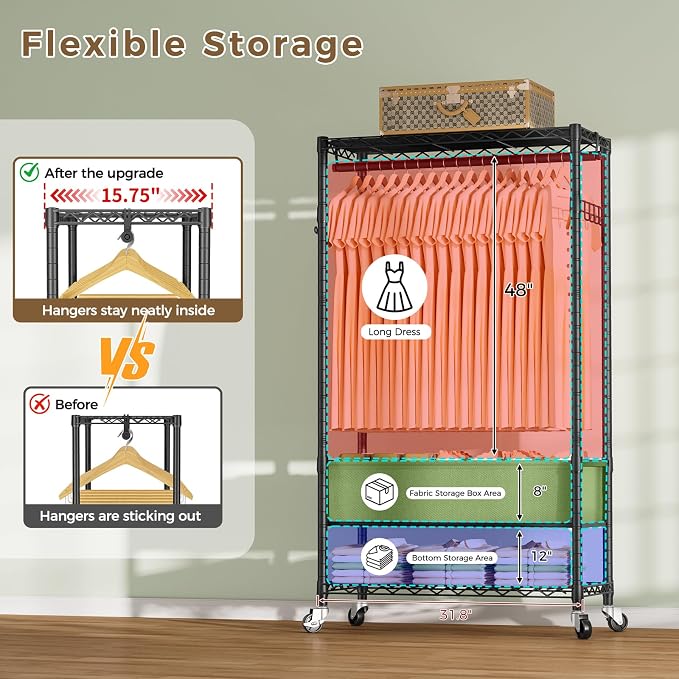 Heavy Duty Clothes Rack Rolling Garment Rack,3 Tier Adjustable Wire Shelving Clothing Racks for Hanging Clothes with Double Rods&Side Hooks,Freestanding Wardrobe Storage Rack Metal Portable Closet