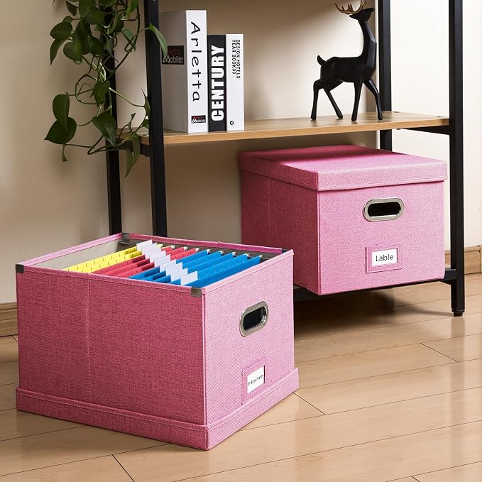 File Organizer Box - Set of 4 Collapsible Decorative Linen Filing Storage Hanging File Folders with Lids Office Cabinet Letter/Legal Size Pink 17.1x14x11.1 inch