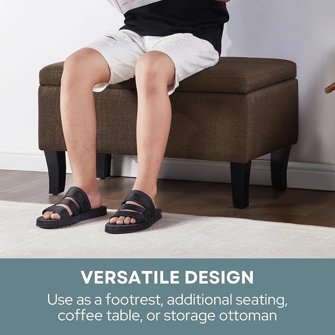 Convenience Concepts Designs4Comfort Winslow Storage Ottoman Bench 32" - Transitional Upholstered Footstool & Seat, for Living Room, Entryway, Hallway, & Bedroom, Medium Brown Fabric