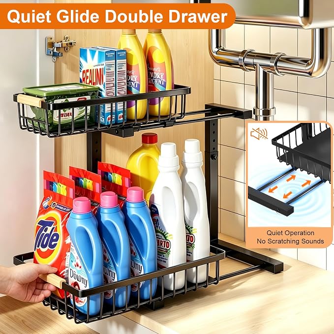 Under Sink Organizer, Adjustable 2 Tier Pull Out Kitchen Bathroom | cabinet organizer, 5 level adjustable, quiet sliding rails, dual suction and nano tape, no drill, rust resistant holds 50 lbs