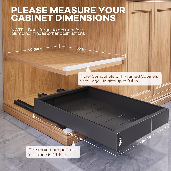 Seinloes 4 Pack Expandable Width (9"-14.1") Pull Out Cabinet Organizer 21" Deep with Raising Pad for Framed Cabinets, Upgrade 3 Slide Rails Slide Out Drawers, Roll Out Shelves Adhesive, Black