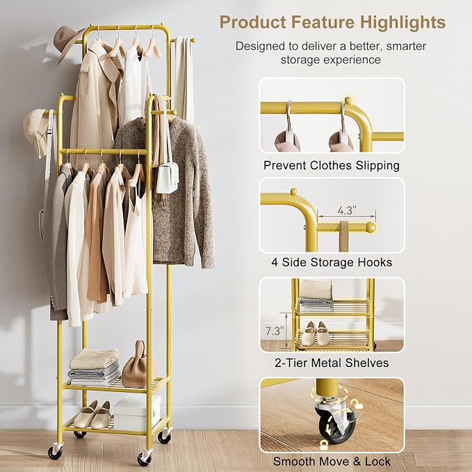 Small Gold Clothing Rack with Wheels, Narrow Clothes Rack with 2 Shelves | Gasvadivum 71" Tall Sturdy Metal Rolling Garment Rack with 4 Hanging Rods & 4 Hooks, Portable Coat Rack for Bedroom, Bathroom