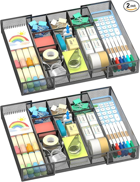 2 Pack Expandable Desk Drawer Organizer, 10 Compartments, Black | Metal mesh drawer organizer tray with 5 removable dividers, expands from 8.74 to 16 in for office supplies, makeup or tools